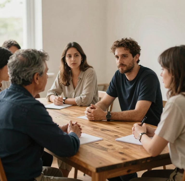Medium-wide environmental shot of community leaders collaborating around a wooden table in soft natural daylight, muted earth tones, 35mm