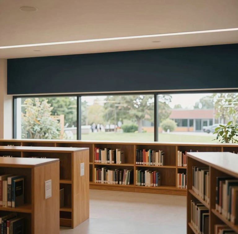 A wide-angle environmental photograph of a modern, sunlit community library interior, wood accents, large windows looking out to soft greenery, warm natural daylight, 35mm.