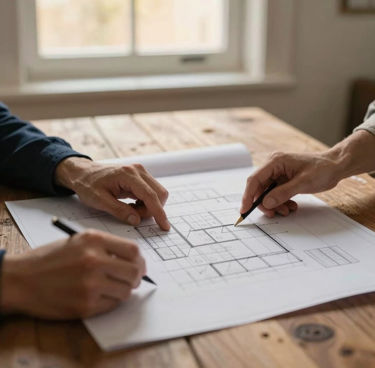 A close-up photograph of two pairs of hands reviewing architectural blueprints on a rustic wooden table, soft golden hour window light, warm editorial aesthetic, 35mm.
