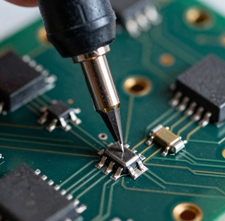 Macro close-up of a high-precision soldering iron tip touching a micro-resistor on a dark slate green circuit board, cool laboratory lighting, sharp focus on components, 50mm lens
