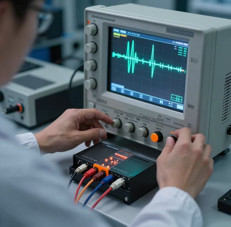 An electronics engineer in a clean slate-gray lab coat adjusting dials on an oscilloscope, glowing waveform on screen, complex servo drive connected to testing cables in the foreground, cool blue and orange tones