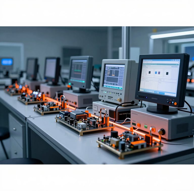 Wide clean shot of an organized industrial electronics testing bay, advanced diagnostic equipment with glowing screens, clean metallic tools, cool laboratory lighting, deep slate and electric orange tones, high-contrast technical detail, 50mm lens