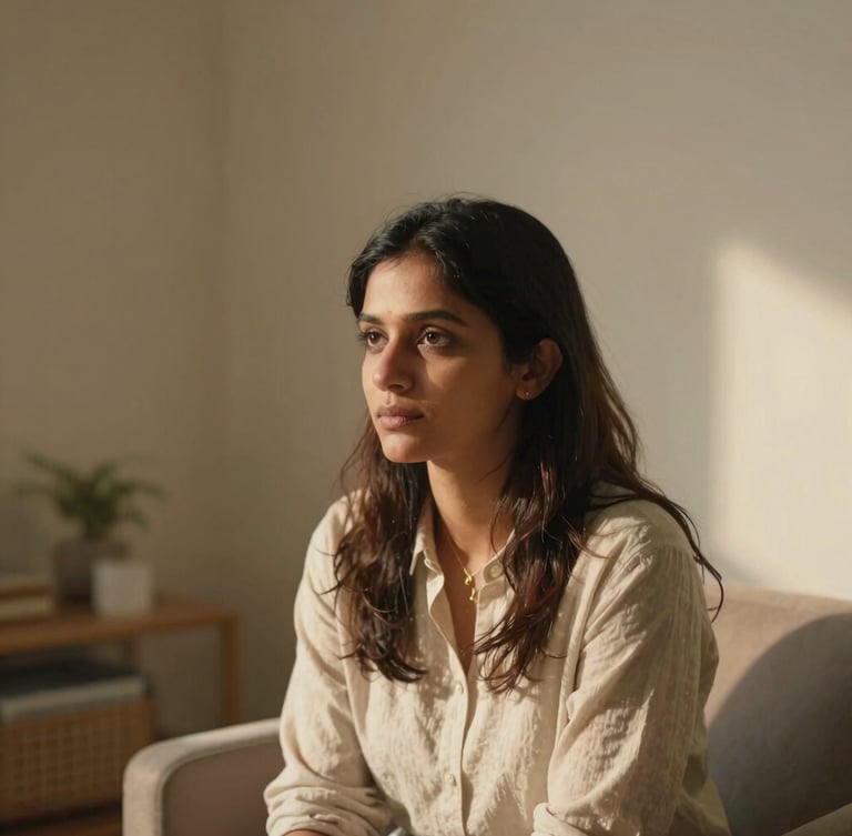 Soft-focus environmental portrait of Prajiya, a woman with thoughtful expression, sitting in a quiet, minimalist counseling room bathed in warm, low-contrast natural light, shallow depth of field, 35mm.