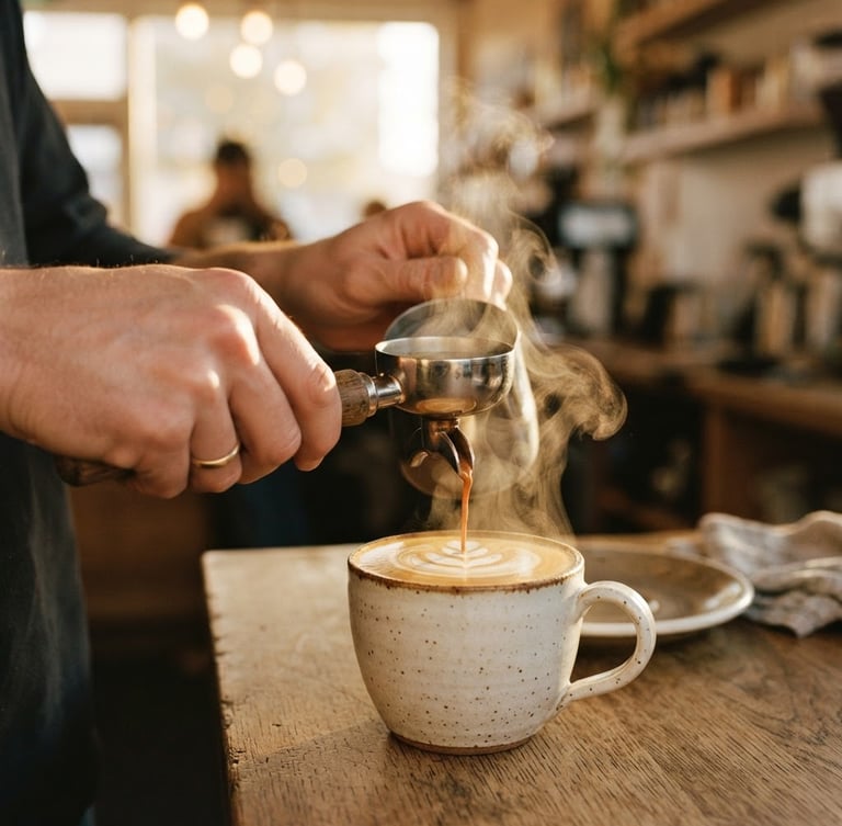 Close-up of hands gently pouring espresso into a ceramic mug, steam rising, warm golden hour light, blurred cafe background, tactile focus.
