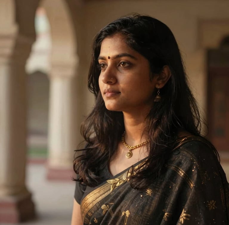 Soft-focus environmental portrait of Prajiya, the founder, in a quiet architectural space, warm low-contrast natural light, looking thoughtfully towards the left. Shallow depth of field.