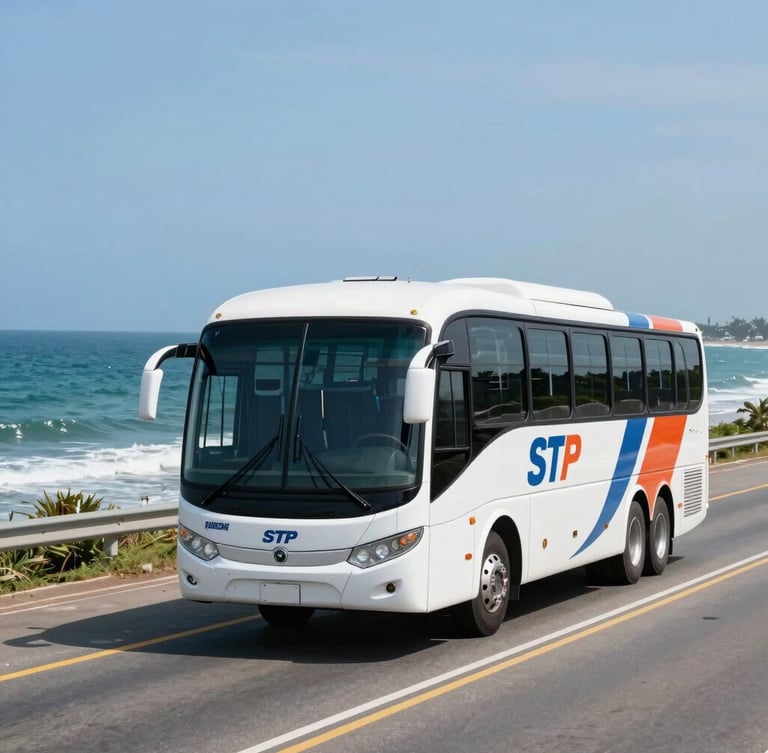 Wide environmental shot of a modern clean STP charter bus driving along a sun-drenched coastal highway in Rio Grande do Norte, bright daylight, blue ocean in the background.