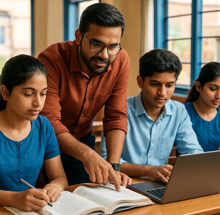 A professional close-up shot of a modern educational workshop in India, a mentor guiding young students with books and laptops, bright natural daylight, sharp focus, 35mm