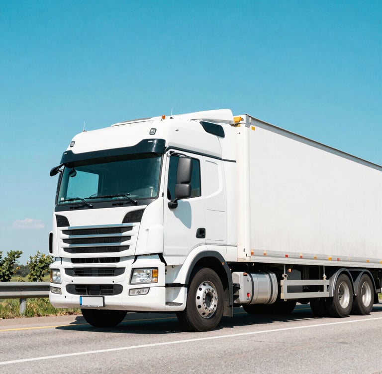 Dynamic low-angle shot of a clean modern semi-truck on an open highway under bright crisp midday sunlight, vibrant saturated colors, 35mm
