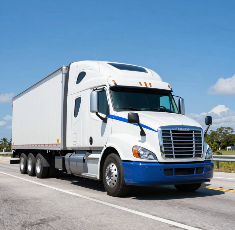 Dynamic low-angle shot of a pristine modern semi-truck with electric blue detailing on an open Florida highway, bright midday sun, high-contrast commercial photography, 35mm