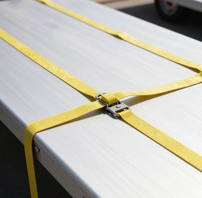 Close-up of clean flatbed cargo securing straps and heavy rigging under bright high-key daylight, crisp details, 35mm