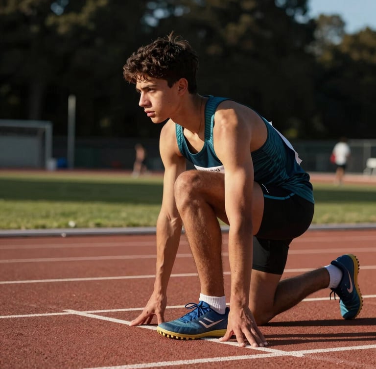 Vista de perfil bajo de un joven atleta de atletismo concentrado en la línea de salida, iluminación dramática de reflector lateral, sombras profundas, alta definición.