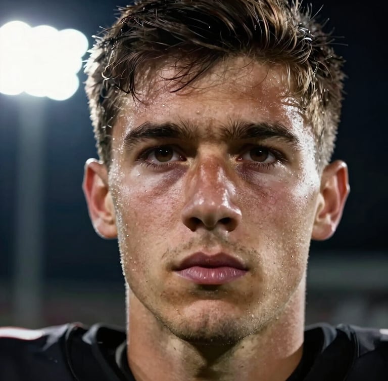 Extreme close-up of a young football player's intense gaze under stadium floodlights, dramatic side-lighting with rich blacks and high contrast.