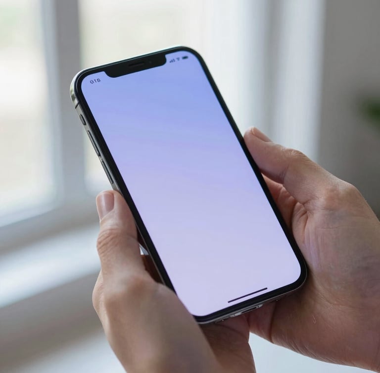 Close-up of hands holding a modern smartphone showing a clean interface, soft blue and purple lighting, shallow depth of field.