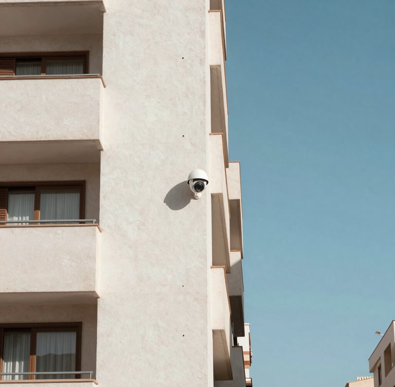 Straight-on architectural shot of a modern residential building facade in Alicante under bright Mediterranean daylight, a clean dome security camera mounted discreetly on the white concrete corner, negative space on the right.