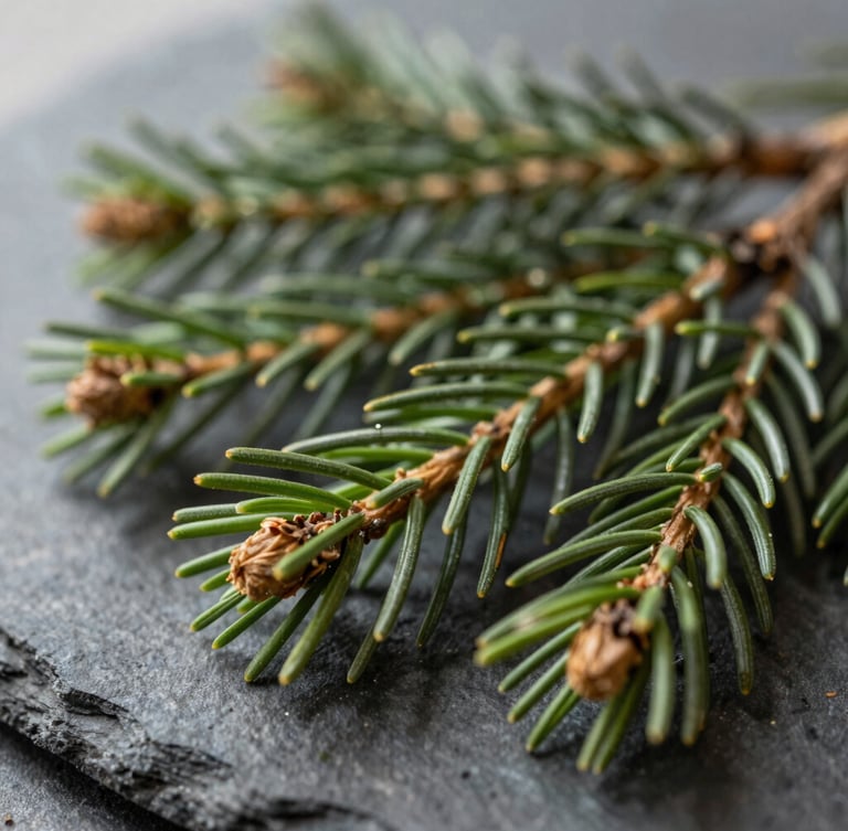 Macro detail of rich green pine needles and raw botanical oils blending on a dark slate surface, soft natural light, 35mm