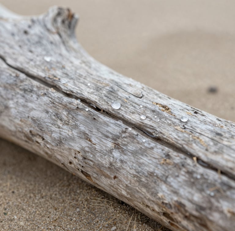Macro shot of weathered driftwood on a sandy beach, soft morning light, water droplets on the wood grain, organic texture, 35mm