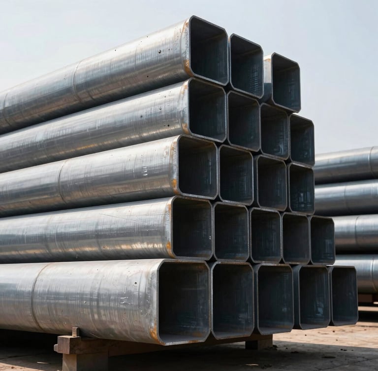 Low-angle heroic shot of stacked industrial steel pipes and structural beams in a bright, sunlit Keeladi warehouse yard, high-contrast metallic textures, 35mm lens