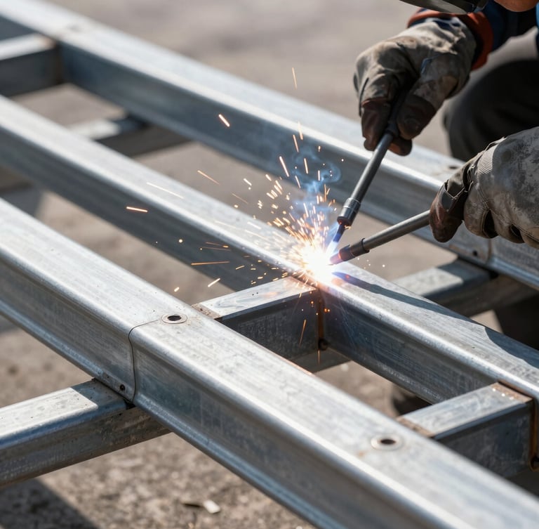 Close-up of a professional fabricator welding a steel pipe frame, bright natural daylight, sparks flying, high contrast metallic textures, sharp focus