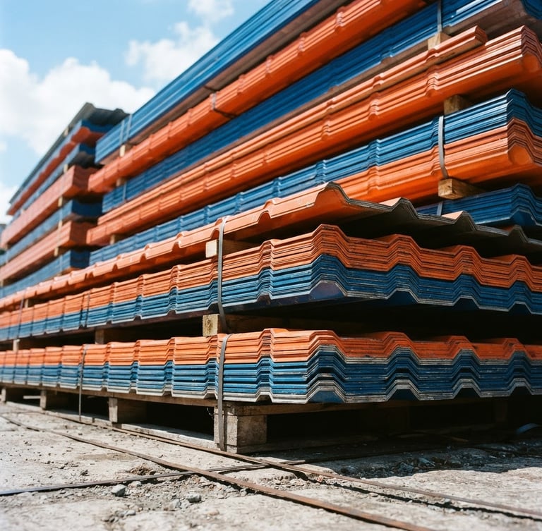 Low-angle architectural shot of stacked orange and blue color-coated steel roofing sheets, bright natural daylight, high contrast metallic textures, 35mm lens