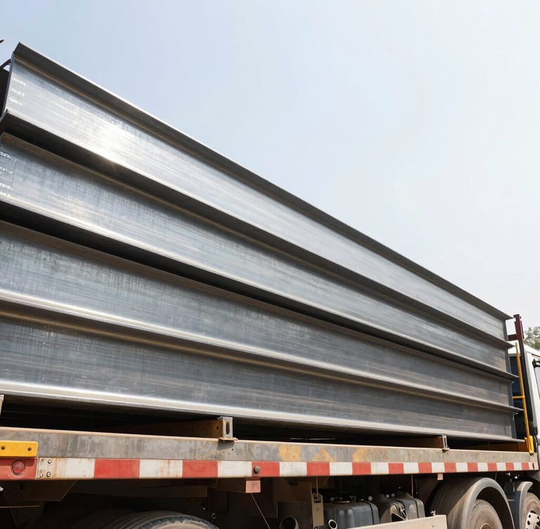 Low-angle heroic shot of thick steel beams on a flatbed truck at a bright outdoor construction yard in Tamil Nadu, industrial commercial photography, high contrast metallic textures, sharp focus, 35mm lens