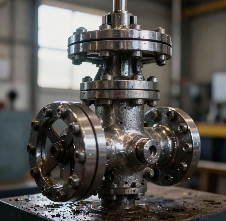 Extreme macro detail of a massive forged steel high-pressure refinery valve, dramatic industrial backlighting reflecting off polished metallic tolerances, dark gritty atmosphere.