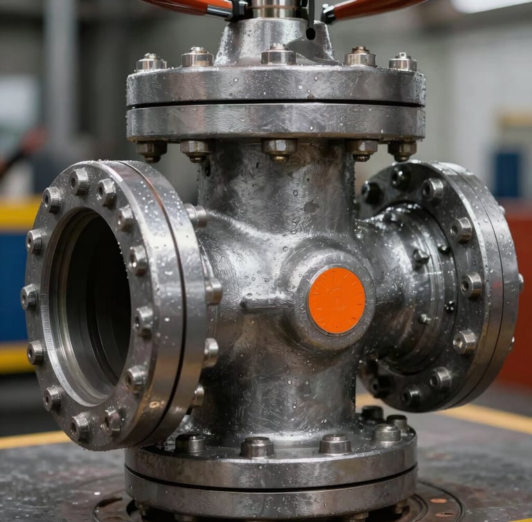 Extreme close-up of a massive steel blowout preventer valve, high-contrast industrial lighting, metallic textures and orange safety markings.