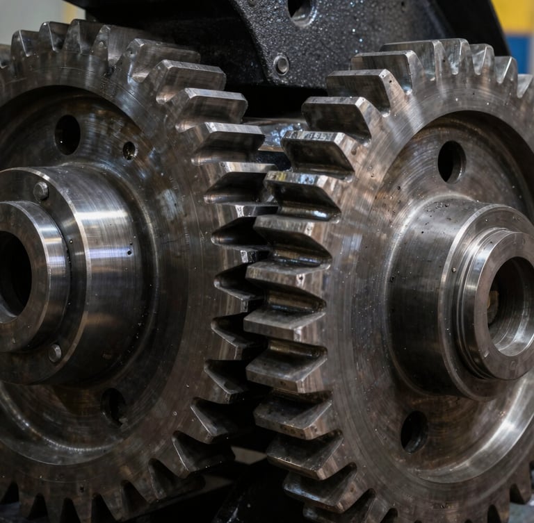 Extreme macro detail of precision-engineered steel gears inside heavy mining machinery, dramatic high-contrast lighting, dark metallic textures.