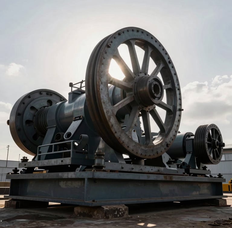 Dramatic high-contrast industrial backlighting on massive steel machinery components, overcast sky, gritty outdoor environment, wide angle.