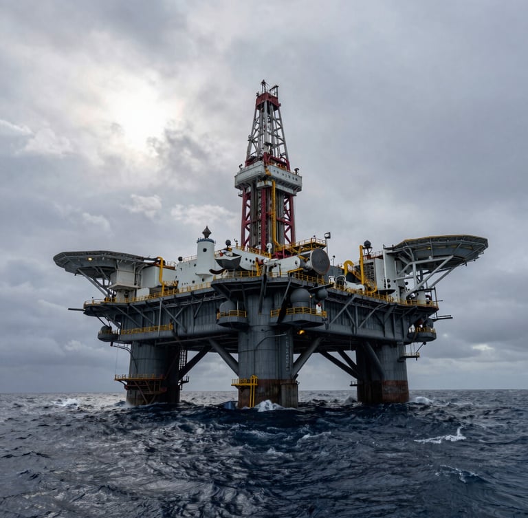 Wide panoramic view of an offshore oil rig operating in a stormy, high-contrast ocean environment, dramatic low-angle shot, overcast sky with sun breaking through steel structures.