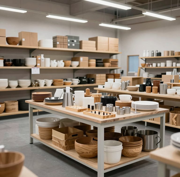 Wide-angle view of an organized, modern homeware assembly line, natural light streaming through high windows, clean stainless steel surfaces.