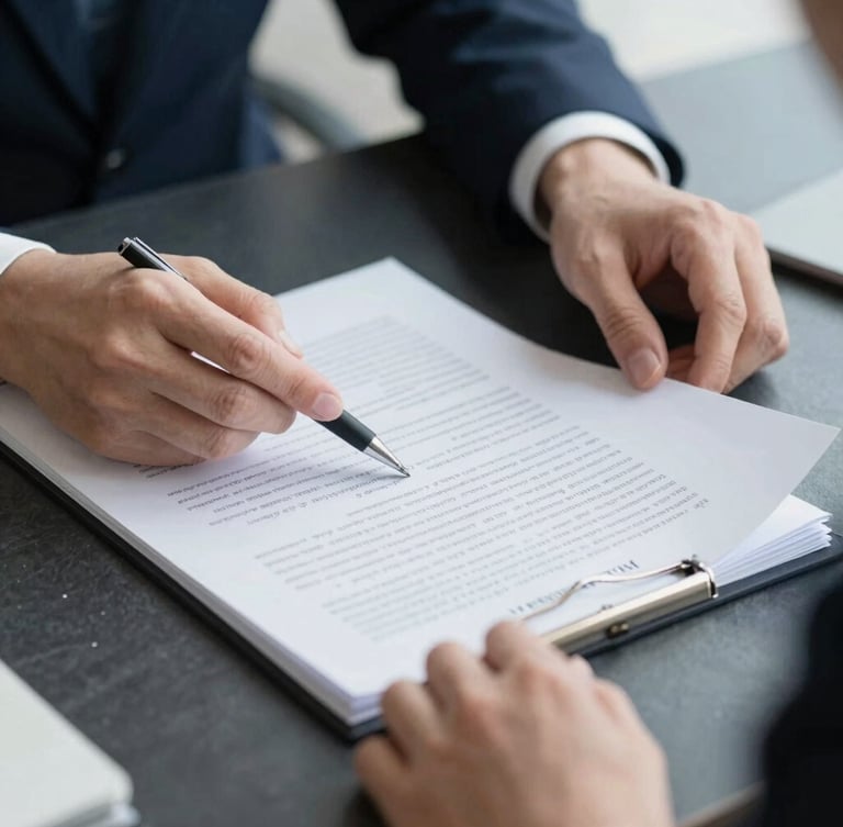 Close-up of hands analyzing legal documents on a dark slate desk under cool natural daylight, shallow depth of field, 35mm