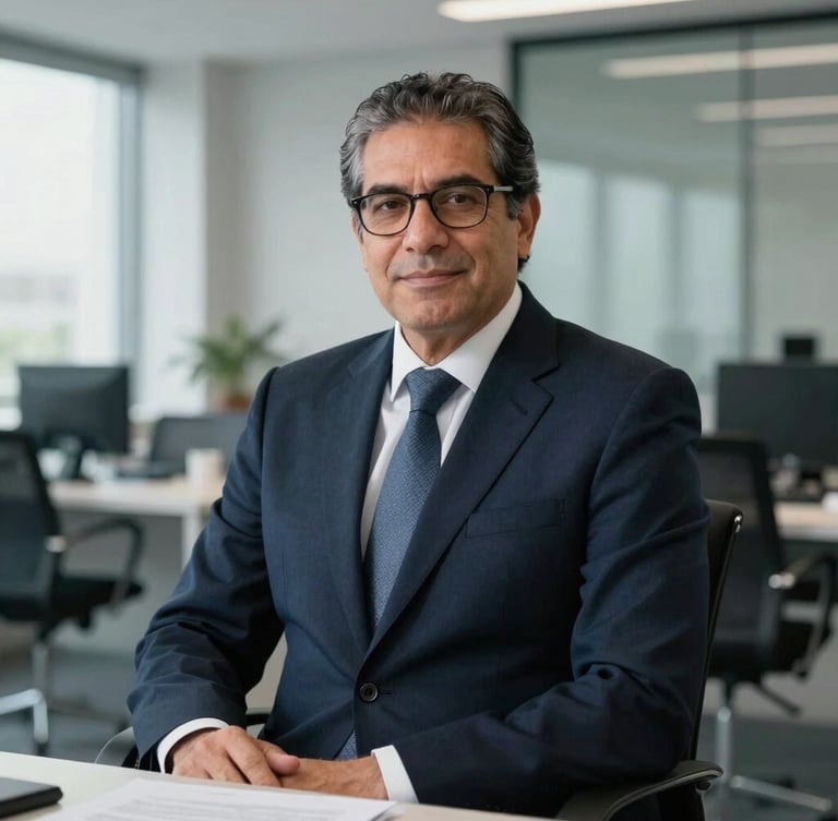 Editorial portrait of Lic. Marco Aurelio Baltazares, a mature lawyer with a confident expression, sitting in a modern architectural office, cool daylight, shallow depth of field, 35mm photography.