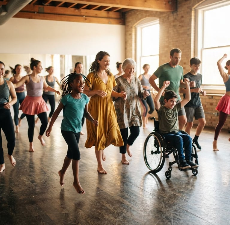 Dynamic action shot of diverse dancers of all ages and abilities, mid-movement in a bright, sunlit studio, shallow depth of field, warm natural daylight, vibrant inclusive tones, authentic motion, wide environmental angle.