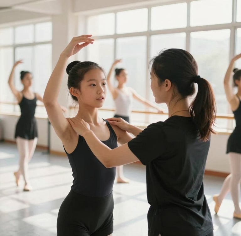 A young dancer receiving encouraging feedback from an instructor in a brightly lit studio, warm natural daylight, dynamic action photography, shallow depth of field, inclusive tones, authentic motion, instructor's hand on dancer's shoulder, dancer's face expressive, portrait aspect.