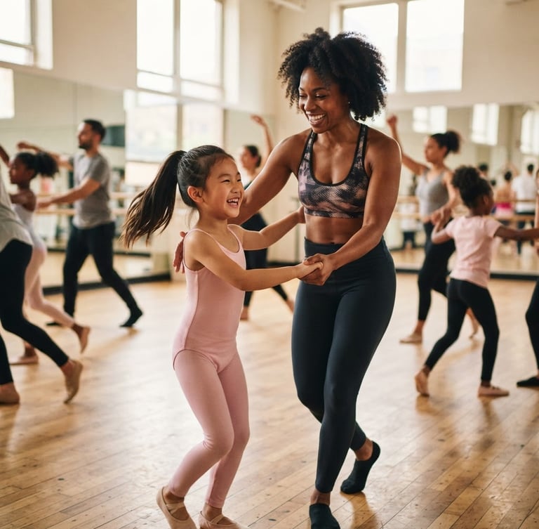 Warm, natural daylight, diverse dancers and instructors interacting joyfully in a studio, mid-movement, shallow depth of field, authentic motion, inclusive tones. Instructor guiding a young student, both smiling.