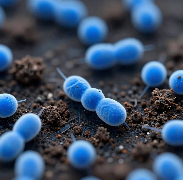 Macro photograph of active soil microbes under fluorescent blue laboratory imaging, high-contrast scientific details, sharp depth of field