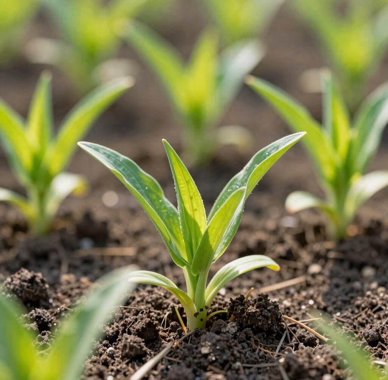 Vibrant green agricultural crops emerging from rich dark soil under bright high-key natural sunlight, sharp macro depth of field