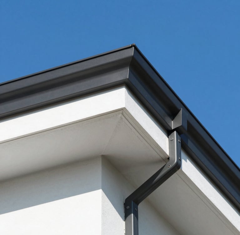 Close-up of newly installed white PVC under-cladding and dark grey aluminum fascia boards on a modern house roofline, crisp details, bright daylight