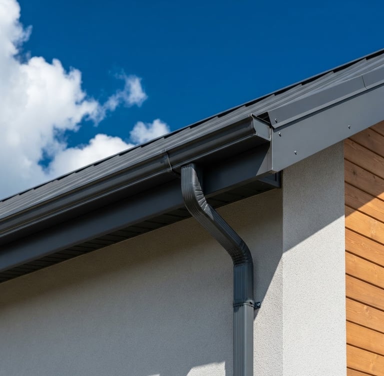 Sleek modern dark grey aluminum gutters installed on a clean roofline under bright direct sunlight, deep blue sky, architectural detail