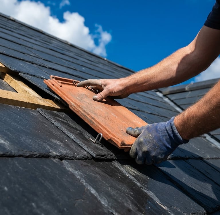 Sleek slate roof repair under bright sunlight, close-up of hands replacing a terracotta tile, high-contrast rich blue sky, crisp architectural photography