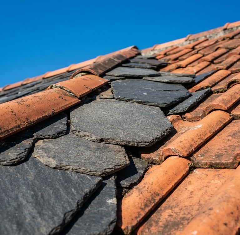 Close-up of clean slate and terracotta roof tiles under bright direct sunlight, vibrant blue sky, high-contrast architectural photography
