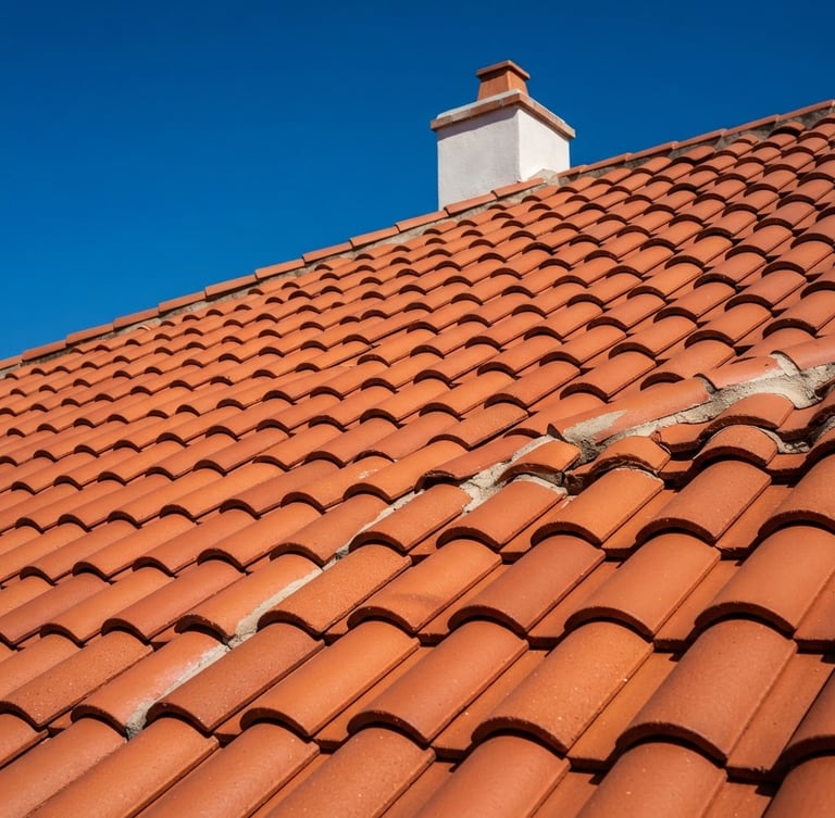 Sleek terracotta roof tiles under bright direct sunlight, crisp blue sky, high-contrast architectural photography, sharp details of clean roof surface