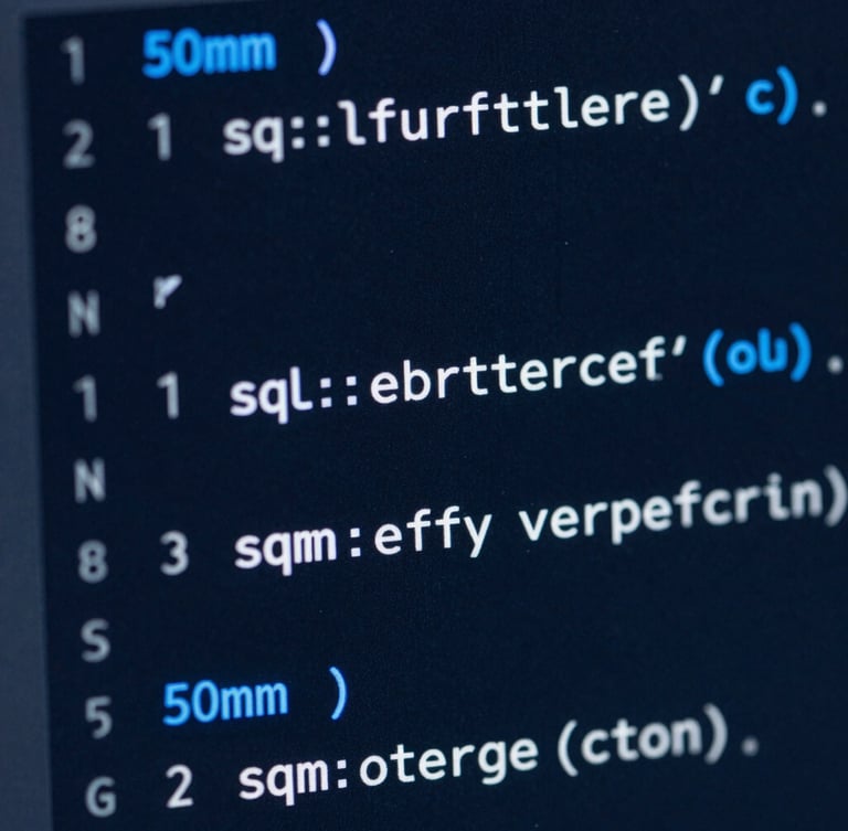 Macro close-up of clean SQL code on a high-resolution monitor, cool-toned blue highlights, deep slate background, sharp focus, 50mm