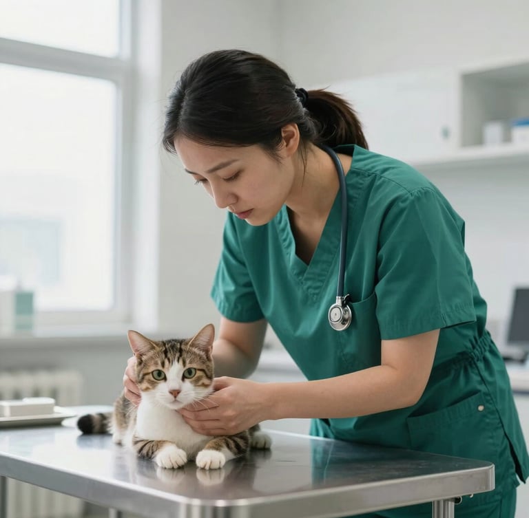 Medium shot of a compassionate female veterinarian in green scrubs gently examining a cat on a metal table, bright natural side light, clinical clean environment.