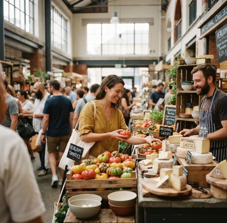 A busy modern food market hall with soft natural light streaming through high windows, people browsing stalls of fresh heirloom tomatoes and artisanal cheeses, warm editorial photography, shallow depth of field.