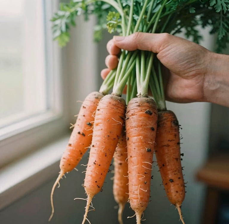 A close-up of weathered hands holding freshly harvested heirloom carrots with dirt still clinging to them, soft natural overcast daylight, shallow depth of field.