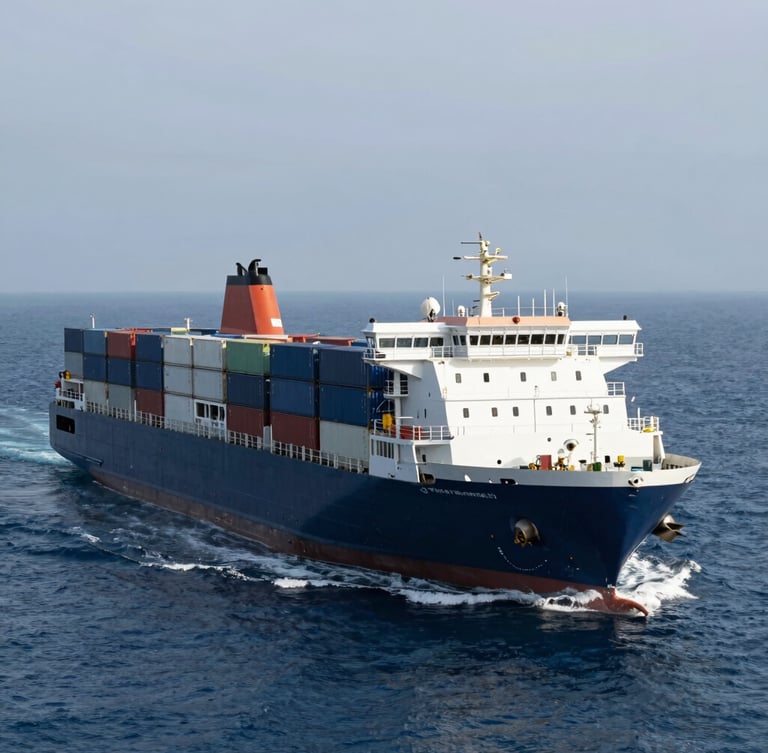 Sleek modern container ship sailing through deep blue ocean waters, wide cinematic angle, cool overcast daylight, sharp focus, 35mm lens