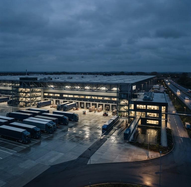 Sleek modern logistics hub at dusk, cool overcast daylight, deep navy and slate tones, sharp focus, architectural scale, 35mm lens