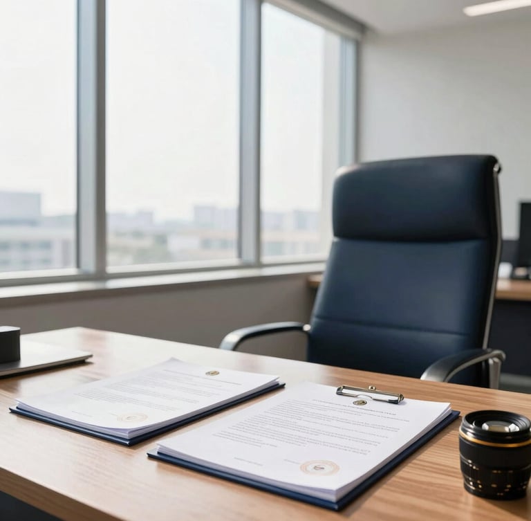 A bright, professional Islamabad corporate office with daylight streaming through large windows, modern legal documents with official seals on a clean wooden desk, 35mm lens.
