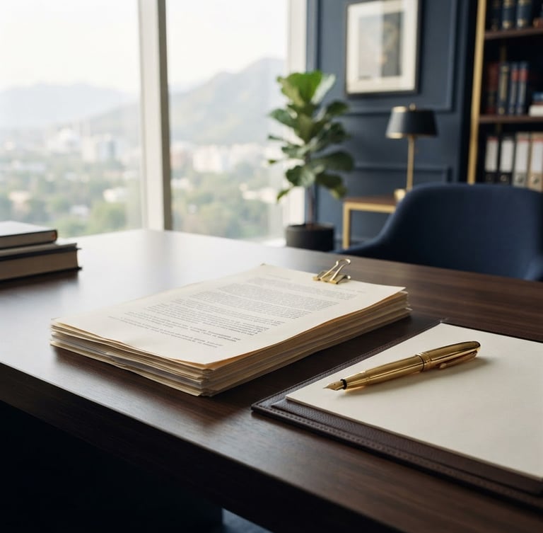 Professional editorial photography, bright daylight office in Islamabad, clean desk with legal documents and gold pen, 35mm lens